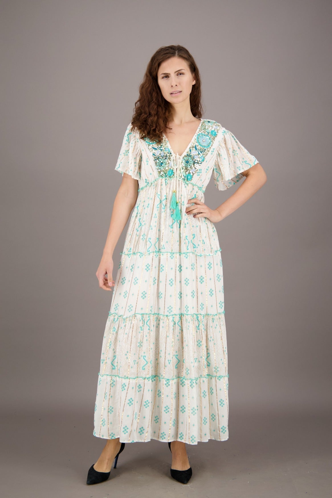 Sequin Glamour Tropical Maxi Dress 24921 - Advance Apparels Inc