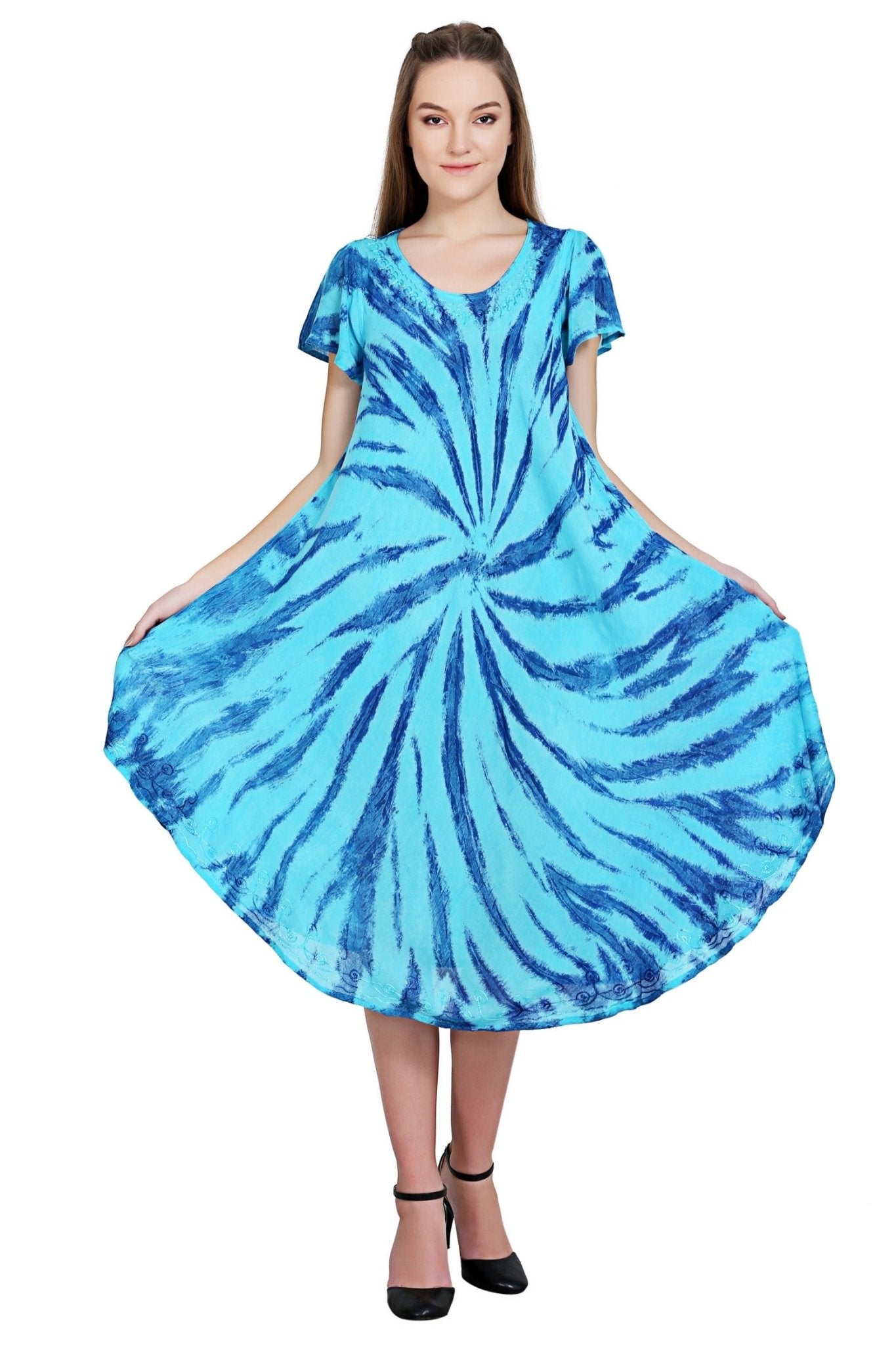 short sleeve tie dye dress La Cera Tie-Dye Short Sleeve Dress Blue / XL