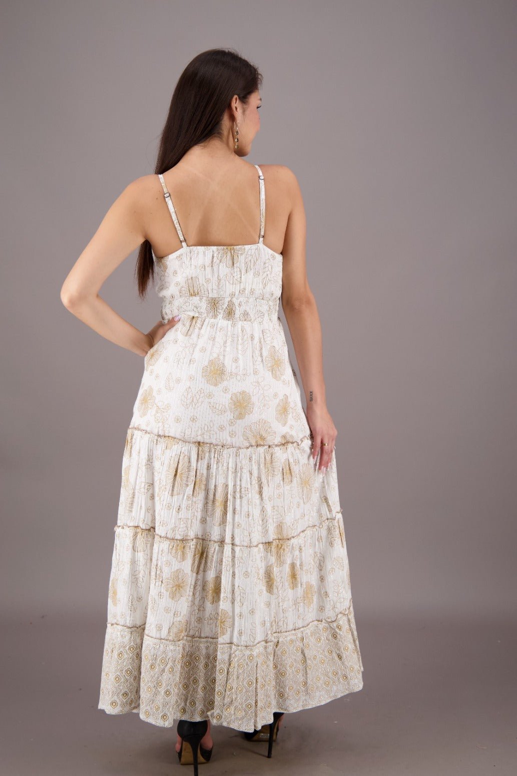 Starlit Bloom Golden Print Dress 24738 - Advance Apparels Inc