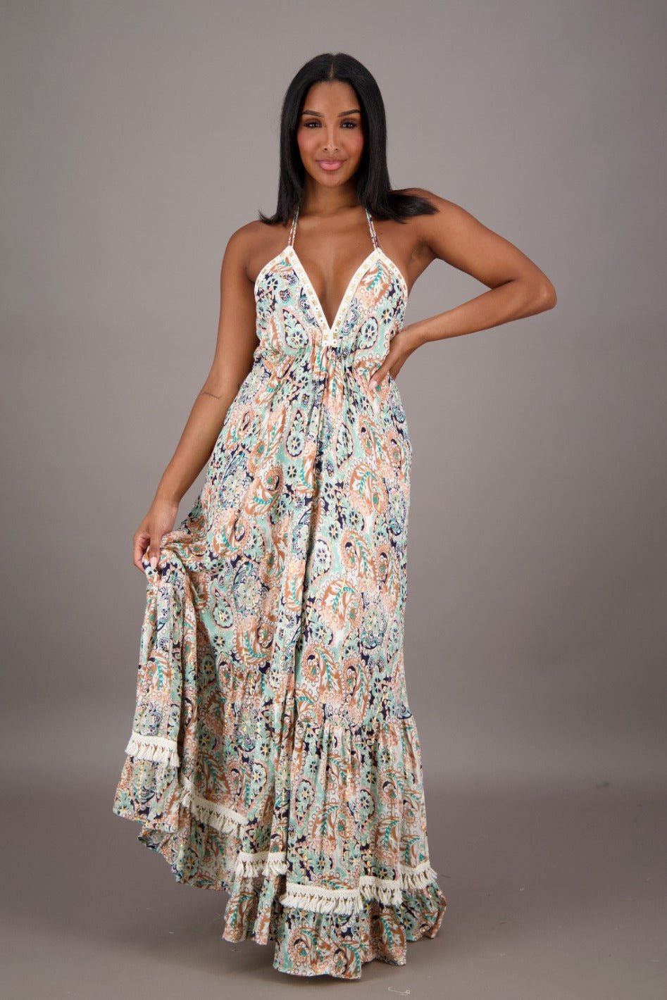 Summer Dresses - Aqua Paisley Halter Maxi for Vacations C2 / One Size Fits Most Summer Dresses - Aqua Paisley Halter Maxi for Vacations C2 / One Size Fits Most