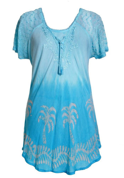 Palm Tree Print Ombre Dye Cap Sleeve Blouse 18713