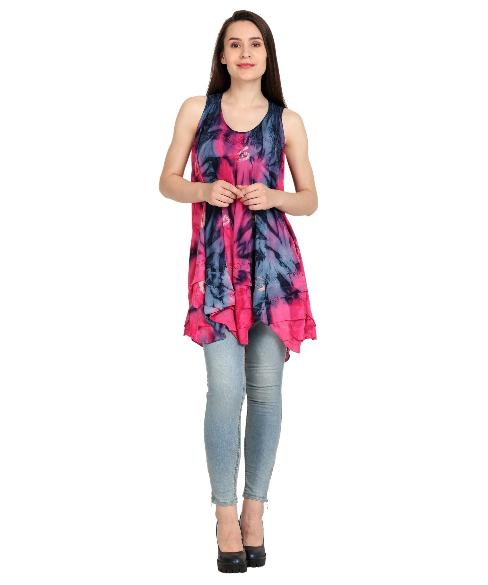 191477 Boho Tie - Dye Flowy Sleeveless Tunic Dress - Advance Apparels Inc