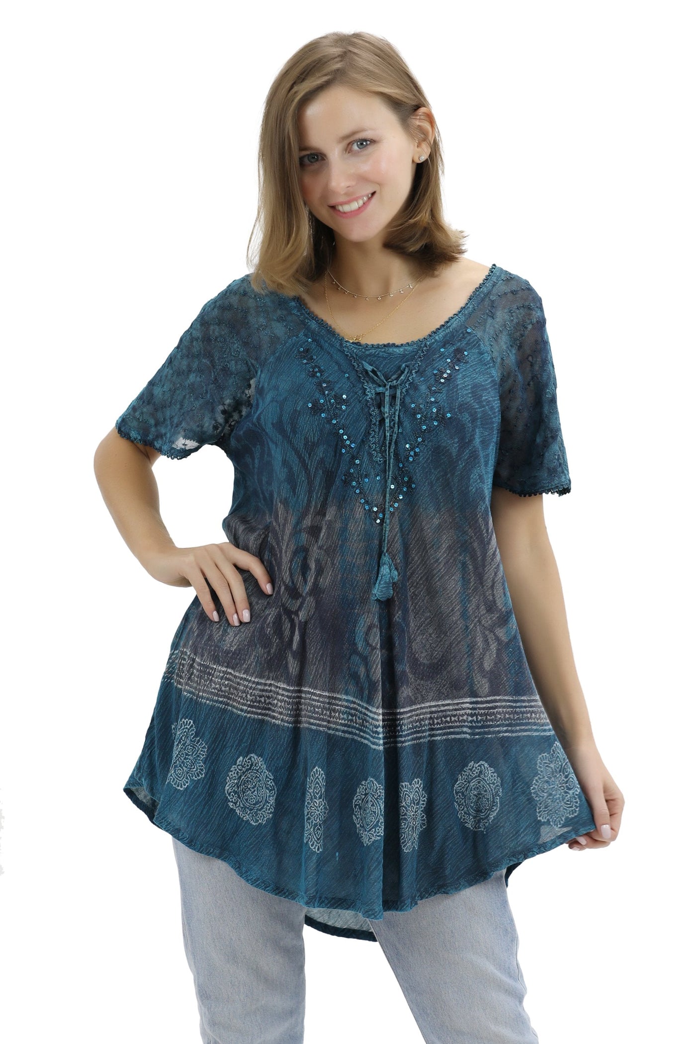 Batik Print Tie Dye Cap Sleeve Blouse 17877 - Advance Apparels Inc