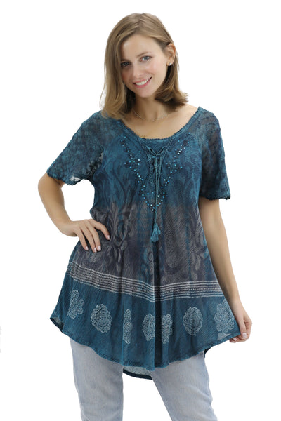 Batik Print Tie Dye Cap Sleeve Blouse 17877 - Advance Apparels Inc