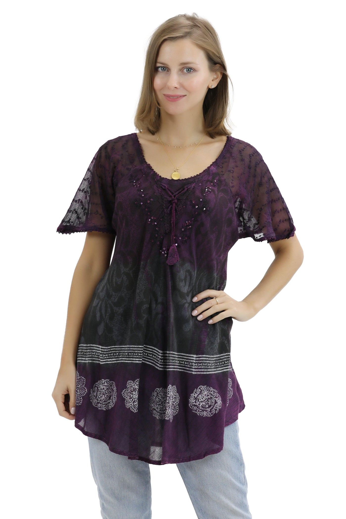 Batik Print Tie Dye Cap Sleeve Blouse 17877 - Advance Apparels Inc