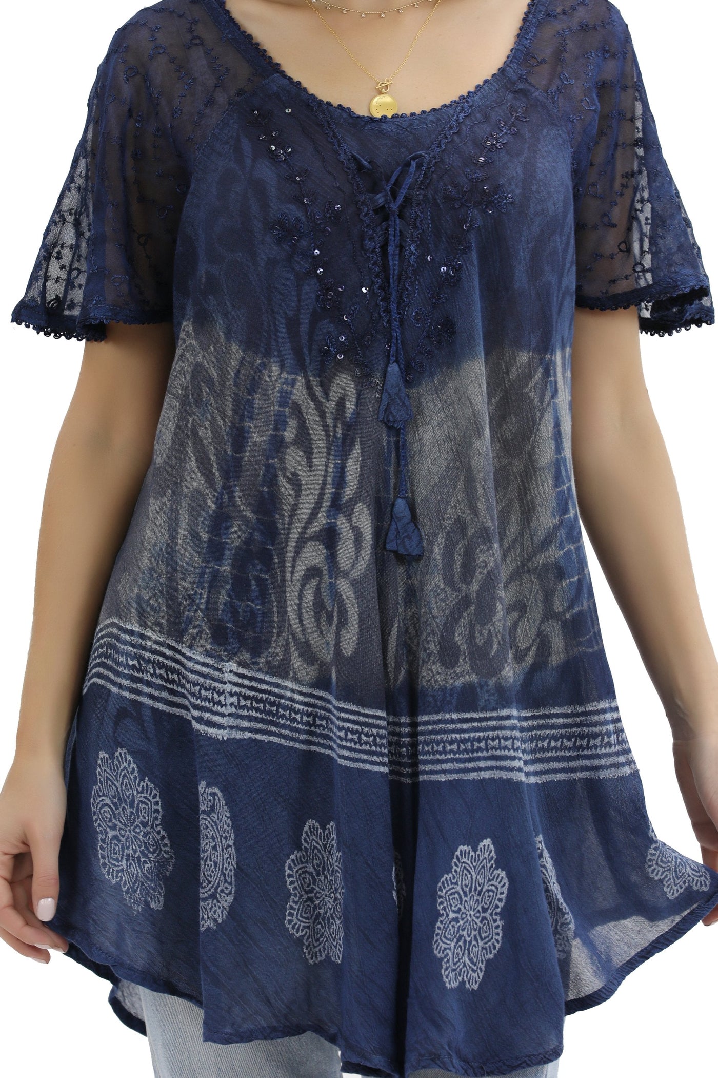 Batik Print Tie Dye Cap Sleeve Blouse 17877 - Advance Apparels Inc