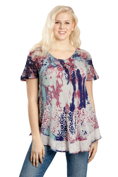 Border Print Tie Dye Cap Sleeve Blouse 18706
