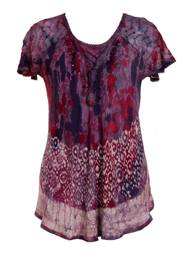 Border Print Tie Dye Cap Sleeve Blouse 18706