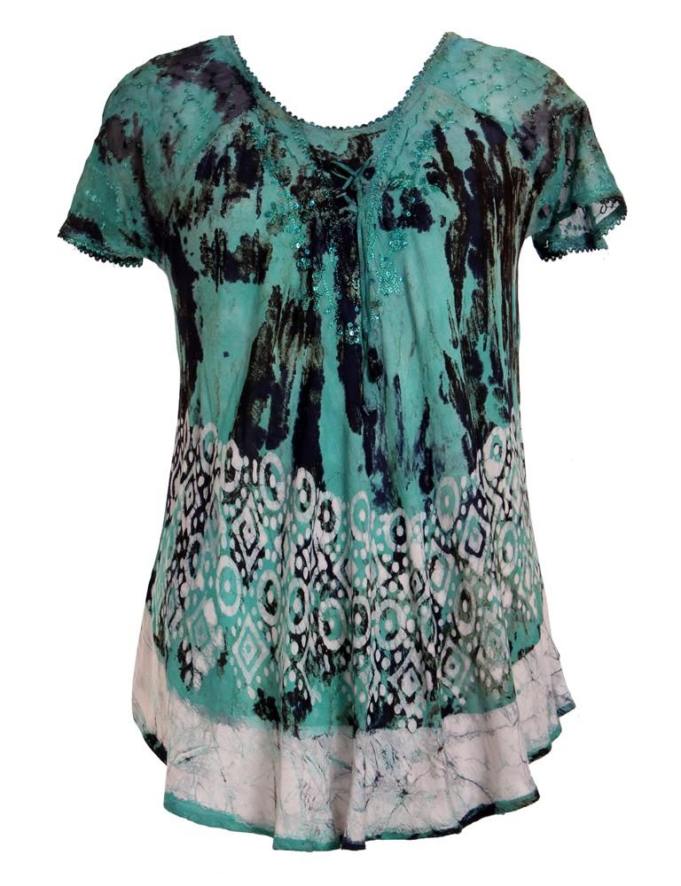 Border Print Tie Dye Cap Sleeve Blouse 18706