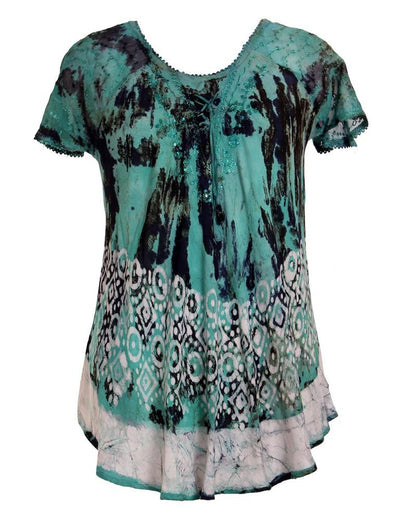 Border Print Tie Dye Cap Sleeve Blouse 18706