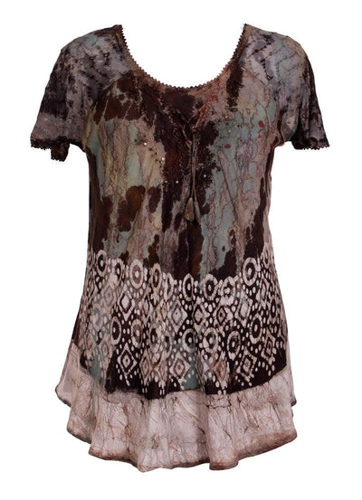 Border Print Tie Dye Cap Sleeve Blouse 18706
