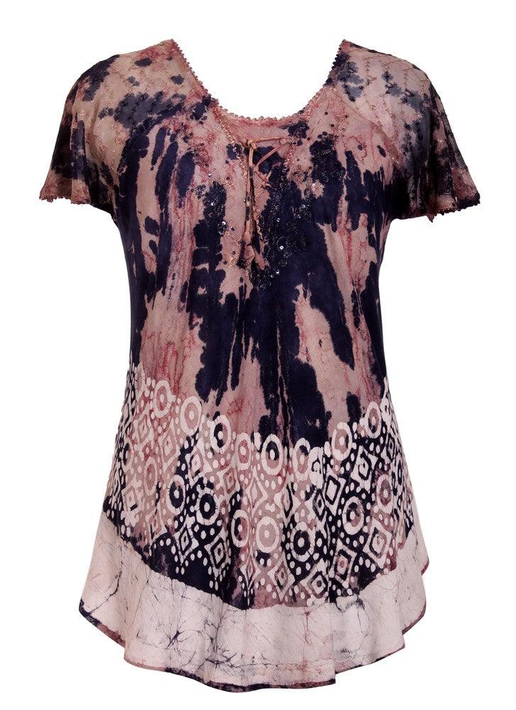 Border Print Tie Dye Cap Sleeve Blouse 18706