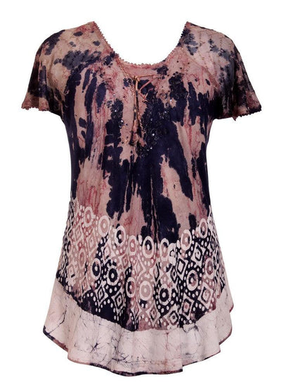 Border Print Tie Dye Cap Sleeve Blouse 18706