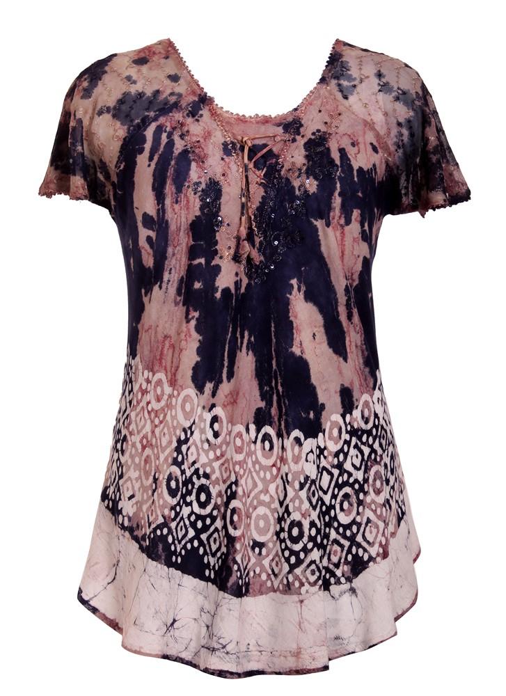 Border Print Tie Dye Cap Sleeve Blouse 18706