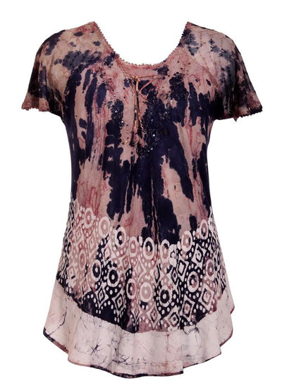 Border Print Tie Dye Cap Sleeve Blouse 18706