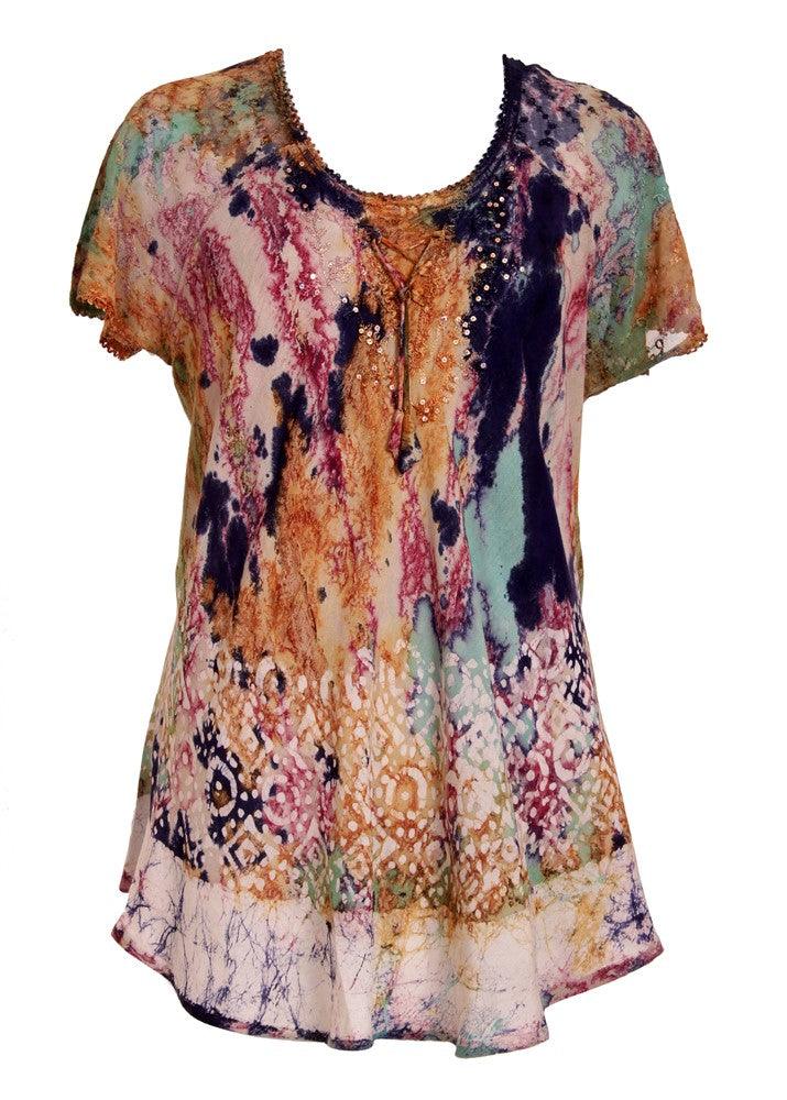 Border Print Tie Dye Cap Sleeve Blouse 18706