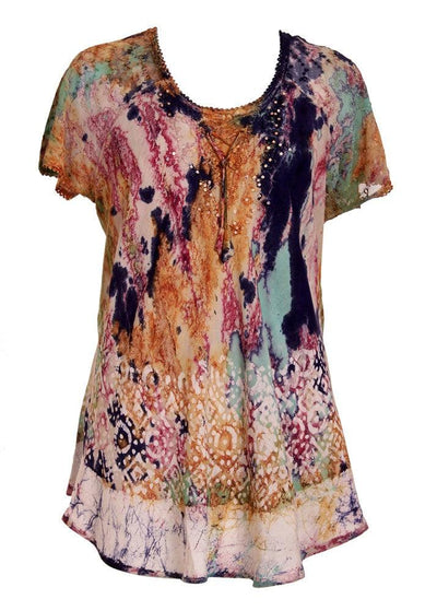 Border Print Tie Dye Cap Sleeve Blouse 18706