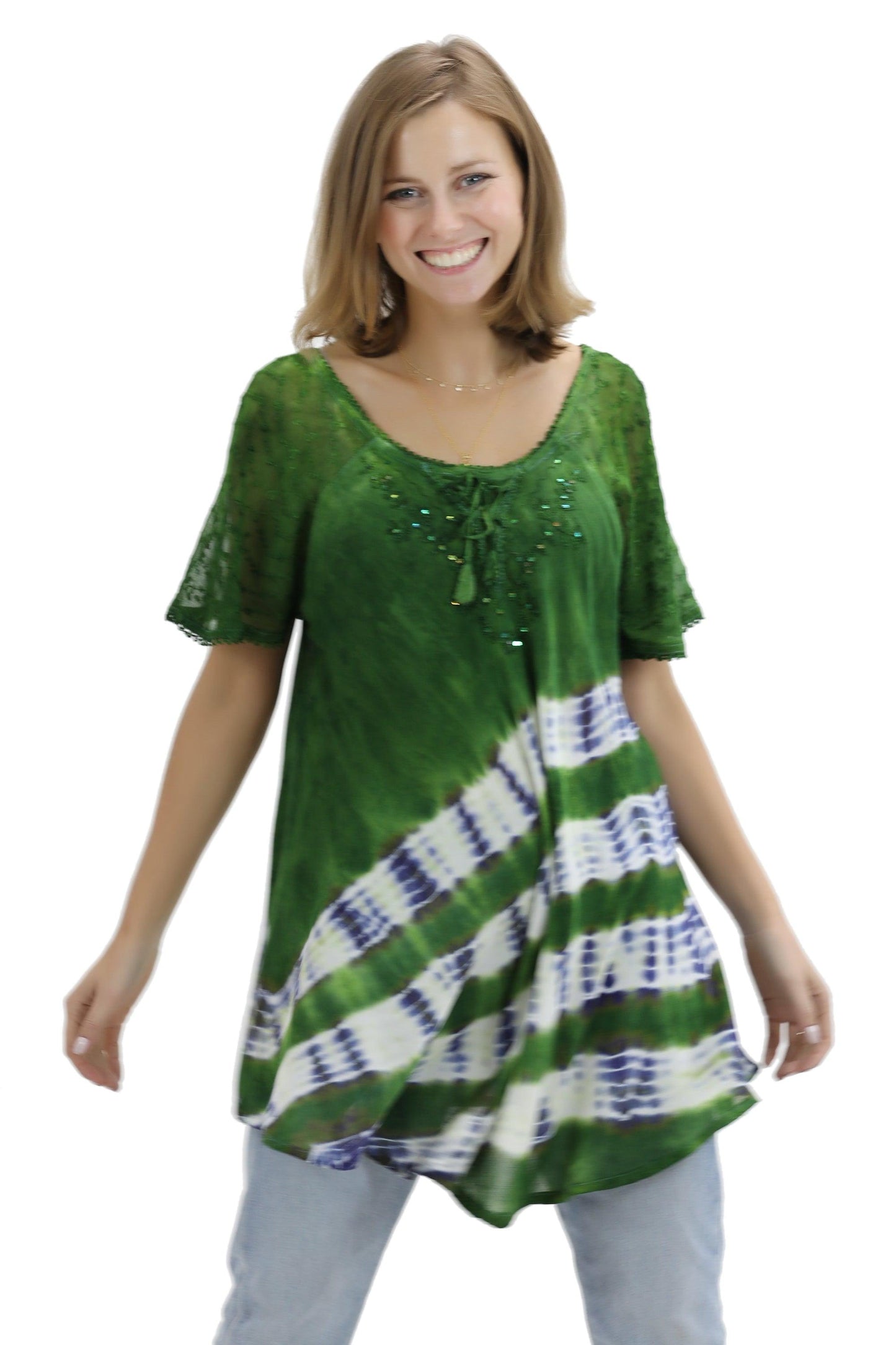 Diagonal Striped Tie-Dye Cap Sleeve Blouse 18726