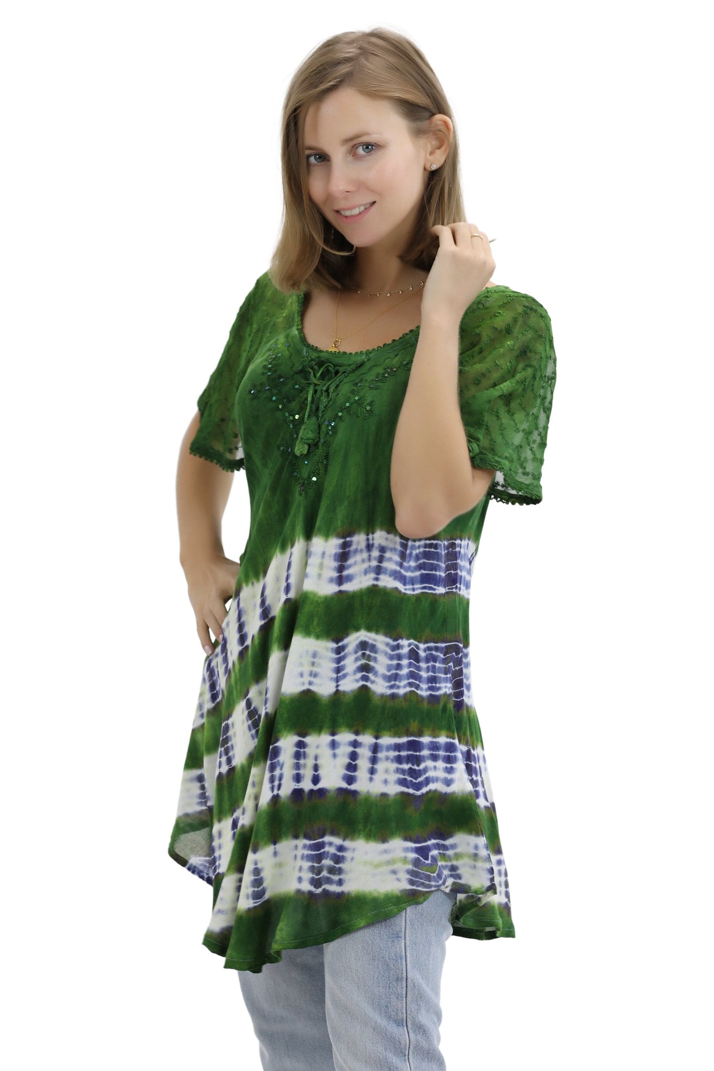 Diagonal Striped Tie-Dye Cap Sleeve Blouse 18726