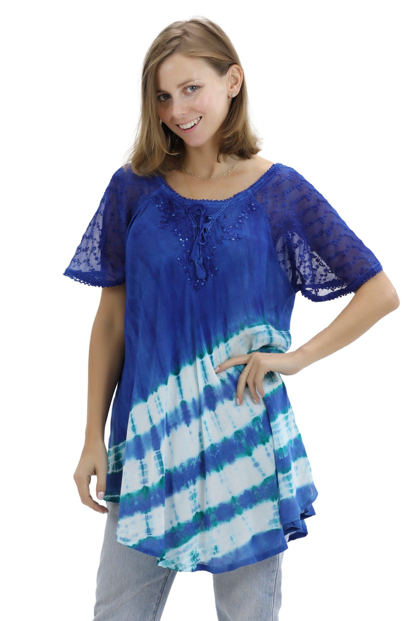 Diagonal Striped Tie-Dye Cap Sleeve Blouse 18726