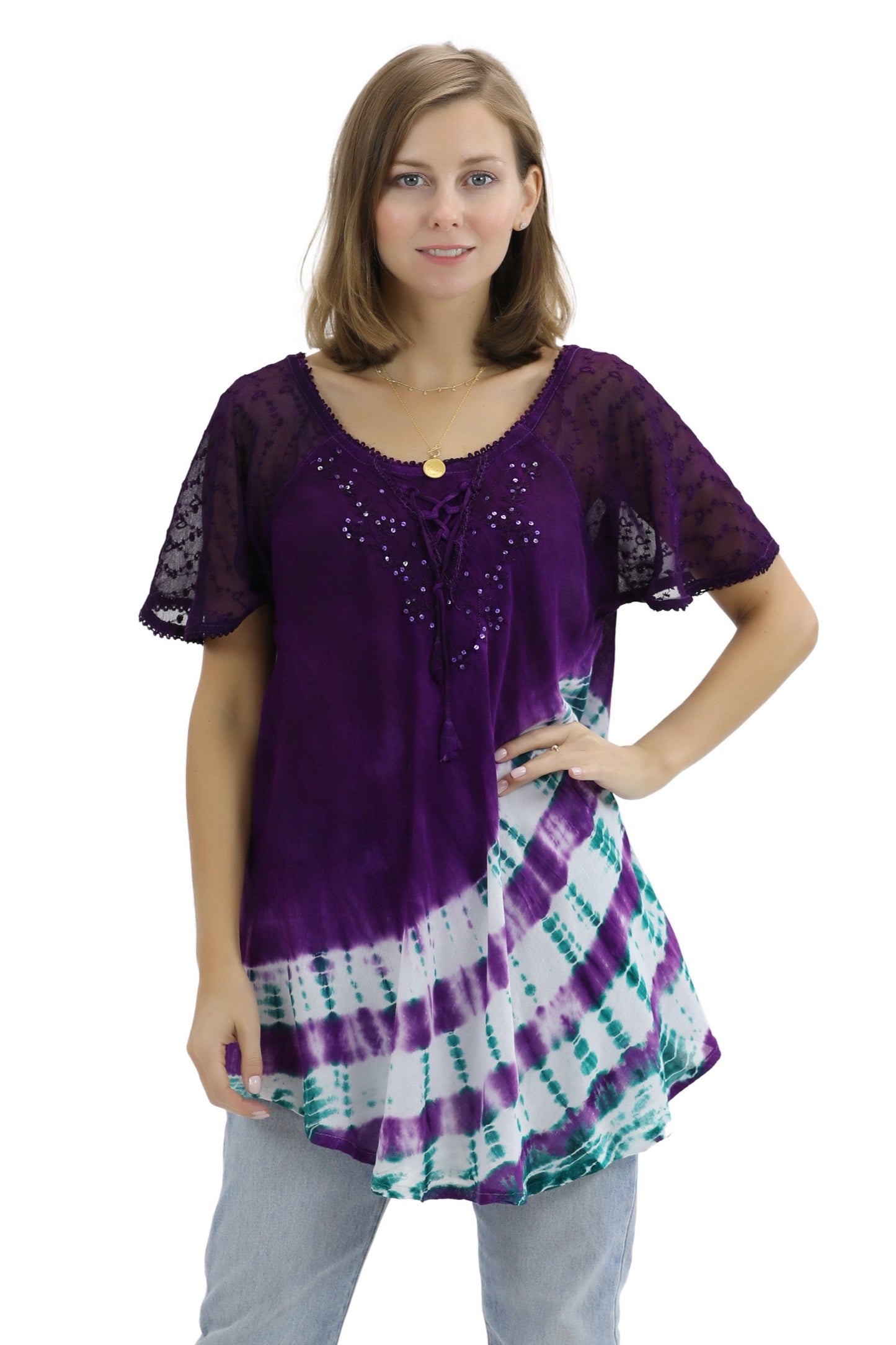 Diagonal Striped Tie-Dye Cap Sleeve Blouse 18726