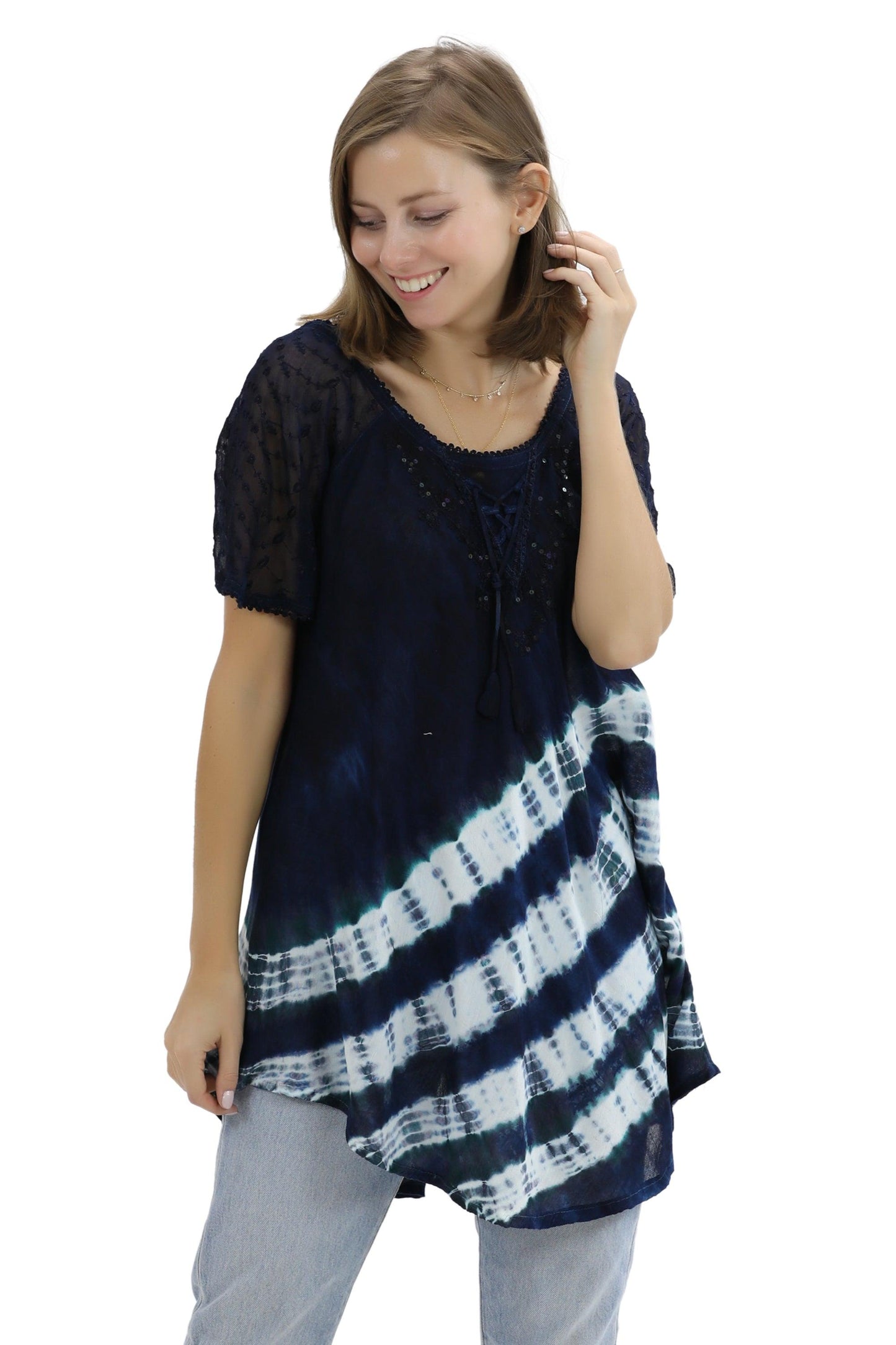 Diagonal Striped Tie-Dye Cap Sleeve Blouse 18726