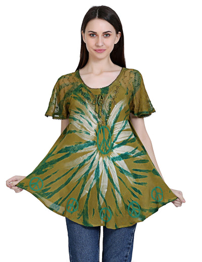 Peace Sign Tie Dye Cap Sleeve Blouse 19216 - Advance Apparels Inc