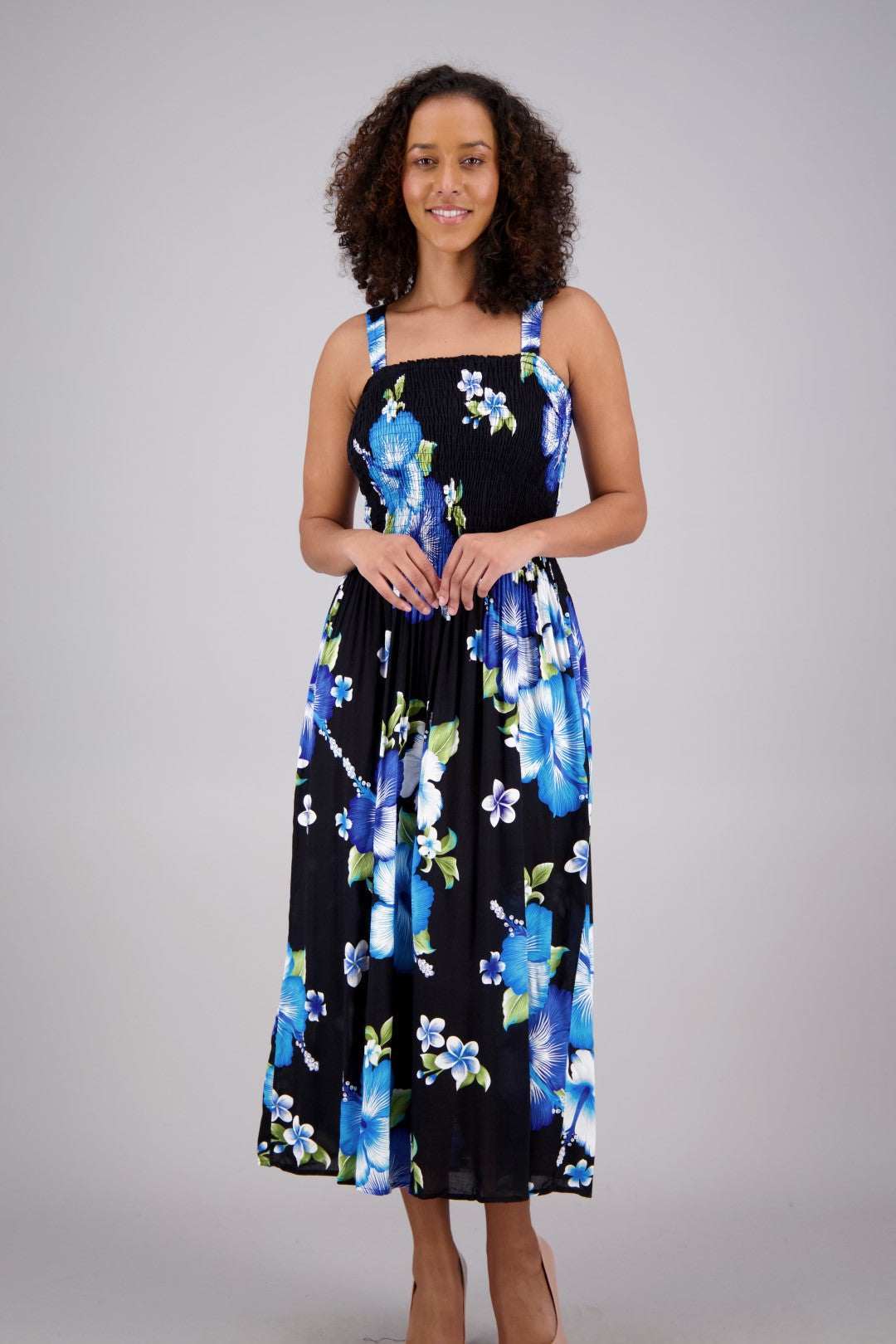 Floral Print Smock Dress One Size Fits Most TH2024 Black/Blue / One Size Fits Most