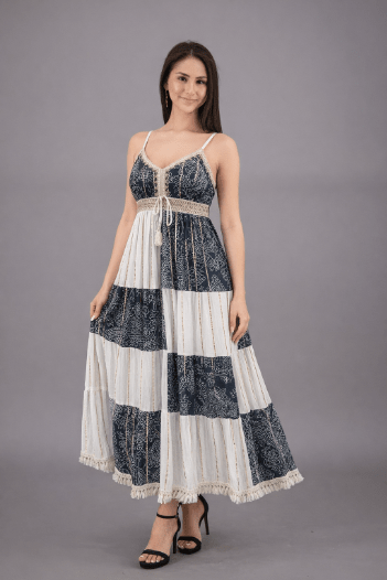 24902 Bohemian Patchwork Tiered Maxi Dress - Advance Apparels Inc