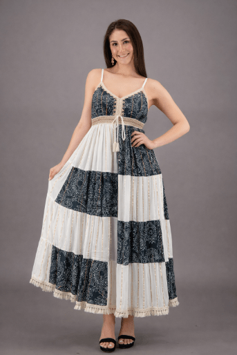 24902 Bohemian Patchwork Tiered Maxi Dress - Advance Apparels Inc