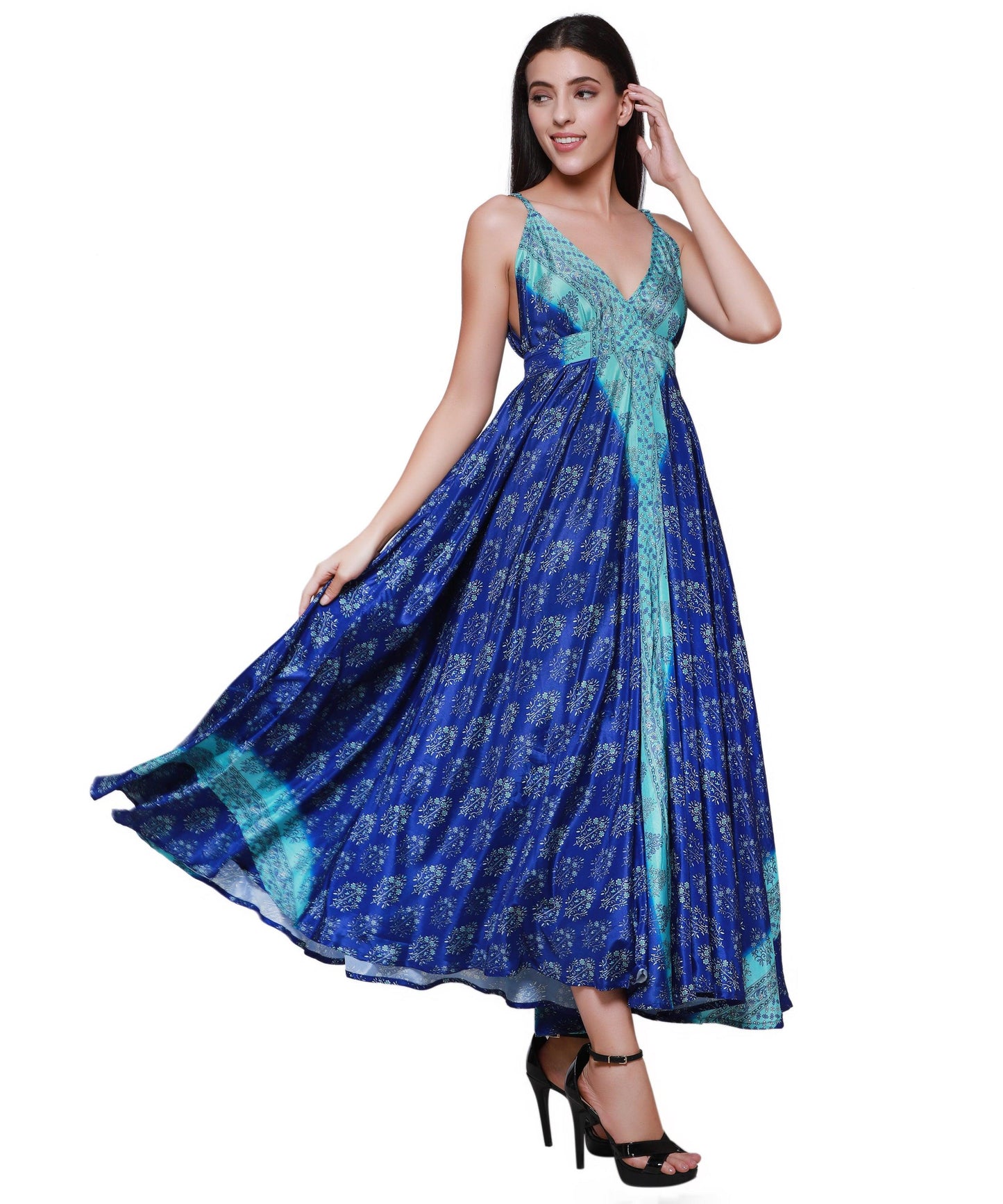 Adjustable Back Printed Silk Dress AB16007