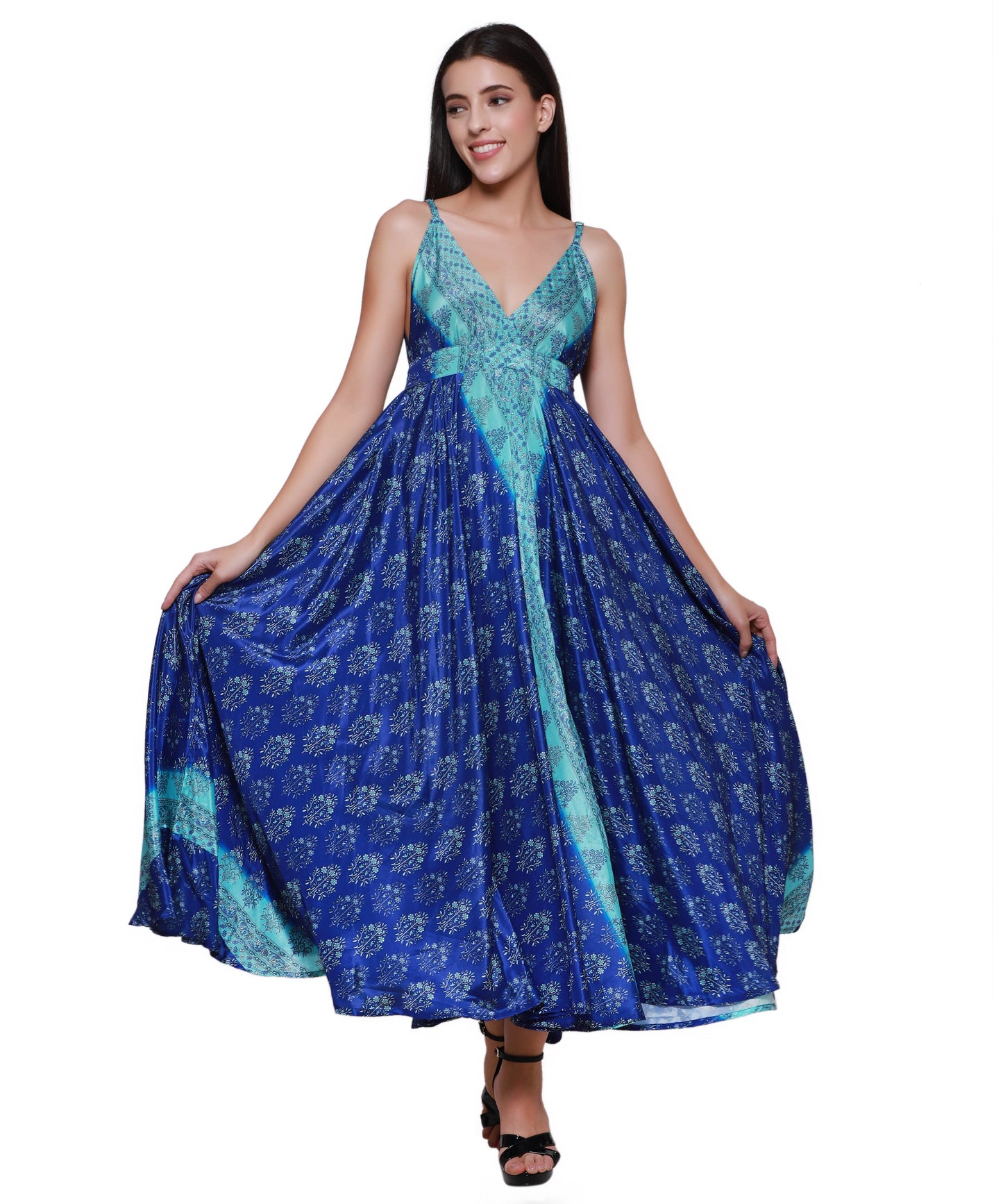 Adjustable Back Printed Silk Dress AB16007