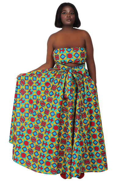 African Print Wax Print Skirt One Size Fits Most Headwrap Included Elastic Waist Pockets 16317-203