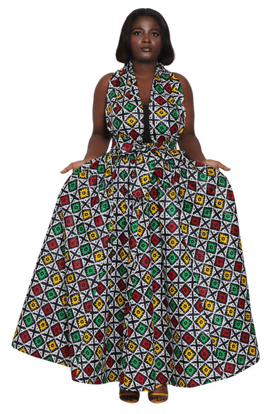 African Print Wax Print Skirt One Size Fits Most Headwrap Included Elastic Waist Pockets 16317-209
