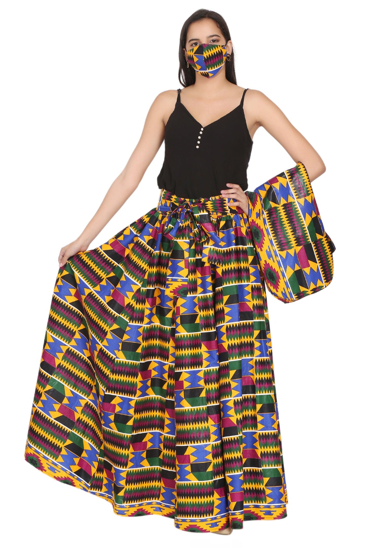 African Print Wax Print Skirt One Size Fits Most Headwrap Included Elastic Waist Pockets 16317-616