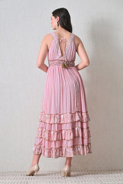 26401 Bohemian Lace Panel Tiered Maxi Dress - Advance Apparels Inc