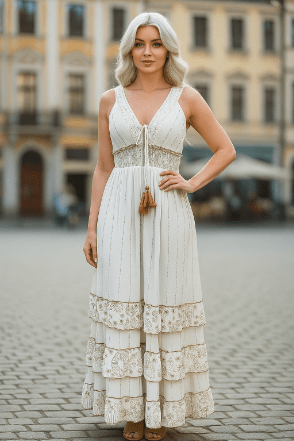 26401 Bohemian Lace Panel Tiered Maxi Dress - Advance Apparels Inc
