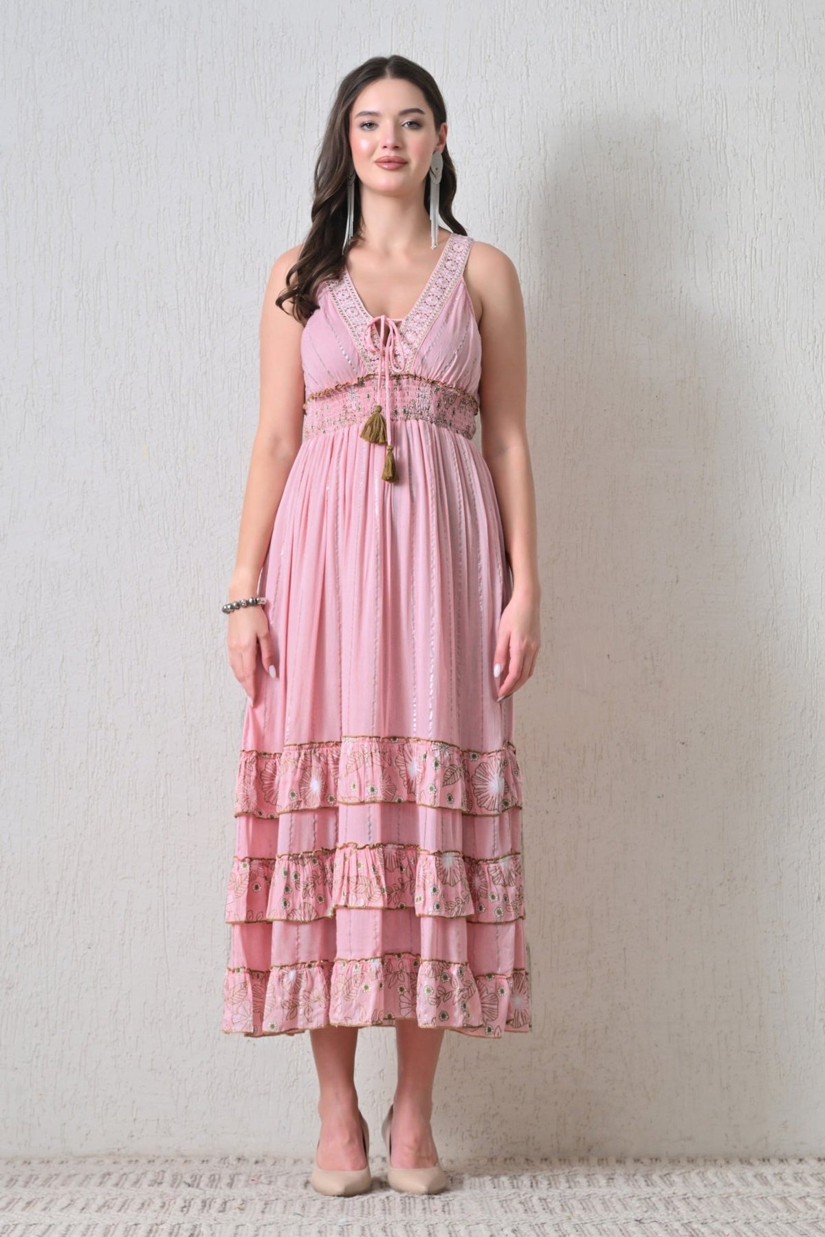 26401 Bohemian Lace Panel Tiered Maxi Dress - Advance Apparels Inc