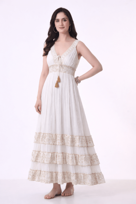 26401 Bohemian Lace Panel Tiered Maxi Dress - Advance Apparels Inc