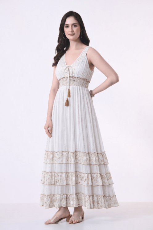 26401 Bohemian Lace Panel Tiered Maxi Dress - Advance Apparels Inc
