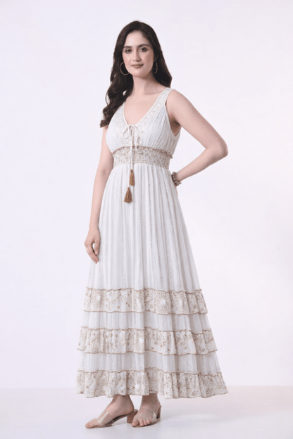 26401 Bohemian Lace Panel Tiered Maxi Dress - Advance Apparels Inc