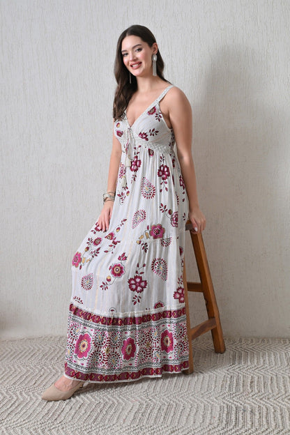 26403 Bohemian Floral Print Tassel Tie Maxi Dress - Advance Apparels Inc