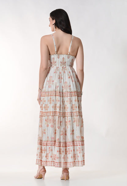 26404 Bohemian Gold Print Tiered Maxi Dress-Assorted color - Advance Apparels Inc
