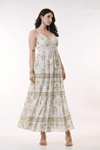 26404 Bohemian Gold Print Tiered Maxi Dress-Assorted color - Advance Apparels Inc