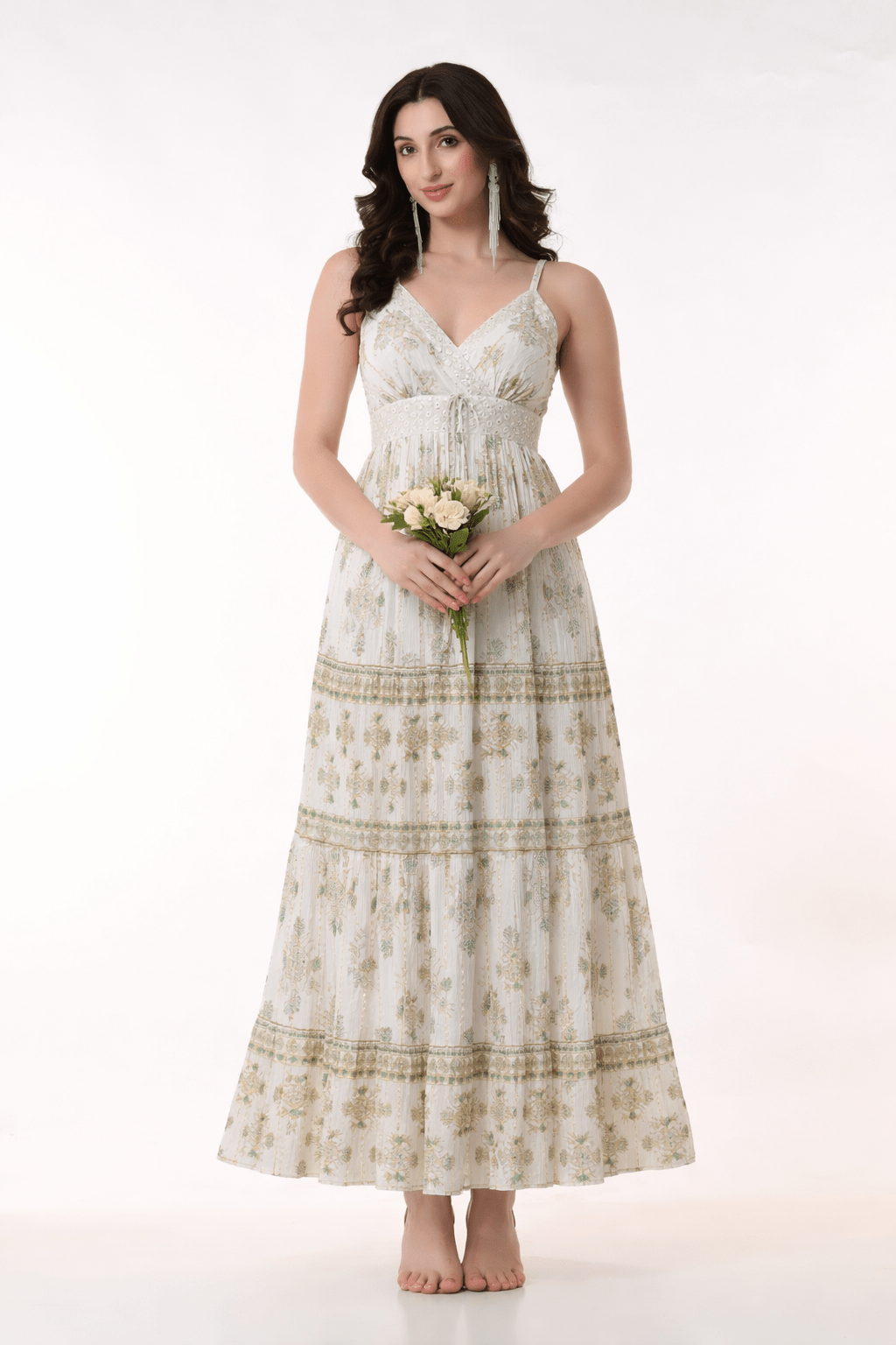 26404 Bohemian Gold Print Tiered Maxi Dress-Assorted color - Advance Apparels Inc