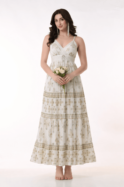 26404 Bohemian Gold Print Tiered Maxi Dress-Assorted color - Advance Apparels Inc