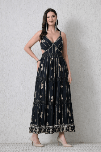 26405 Bohemian Paisley Print Tiered Maxi Dress - Advance Apparels Inc