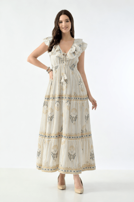 26406 Bohemian Floral Print Ruffle Maxi Dress - Advance Apparels Inc