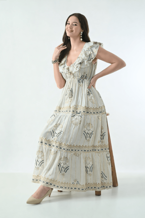 26406 Bohemian Floral Print Ruffle Maxi Dress - Advance Apparels Inc