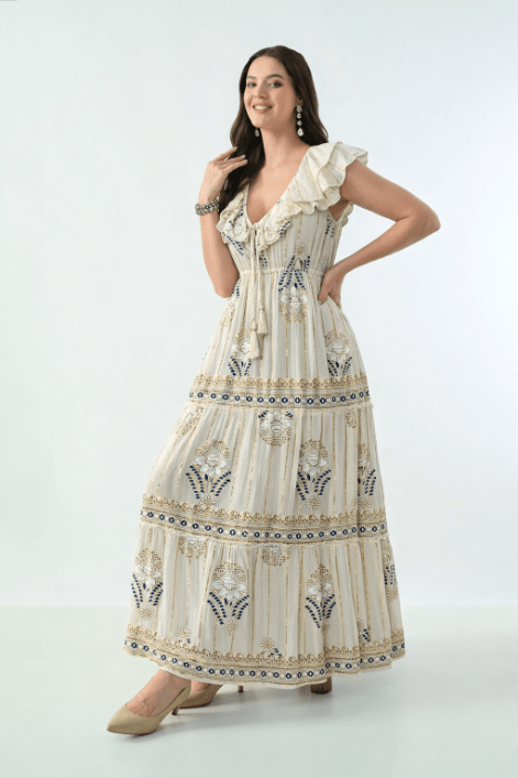 26406 Bohemian Floral Print Ruffle Maxi Dress - Advance Apparels Inc